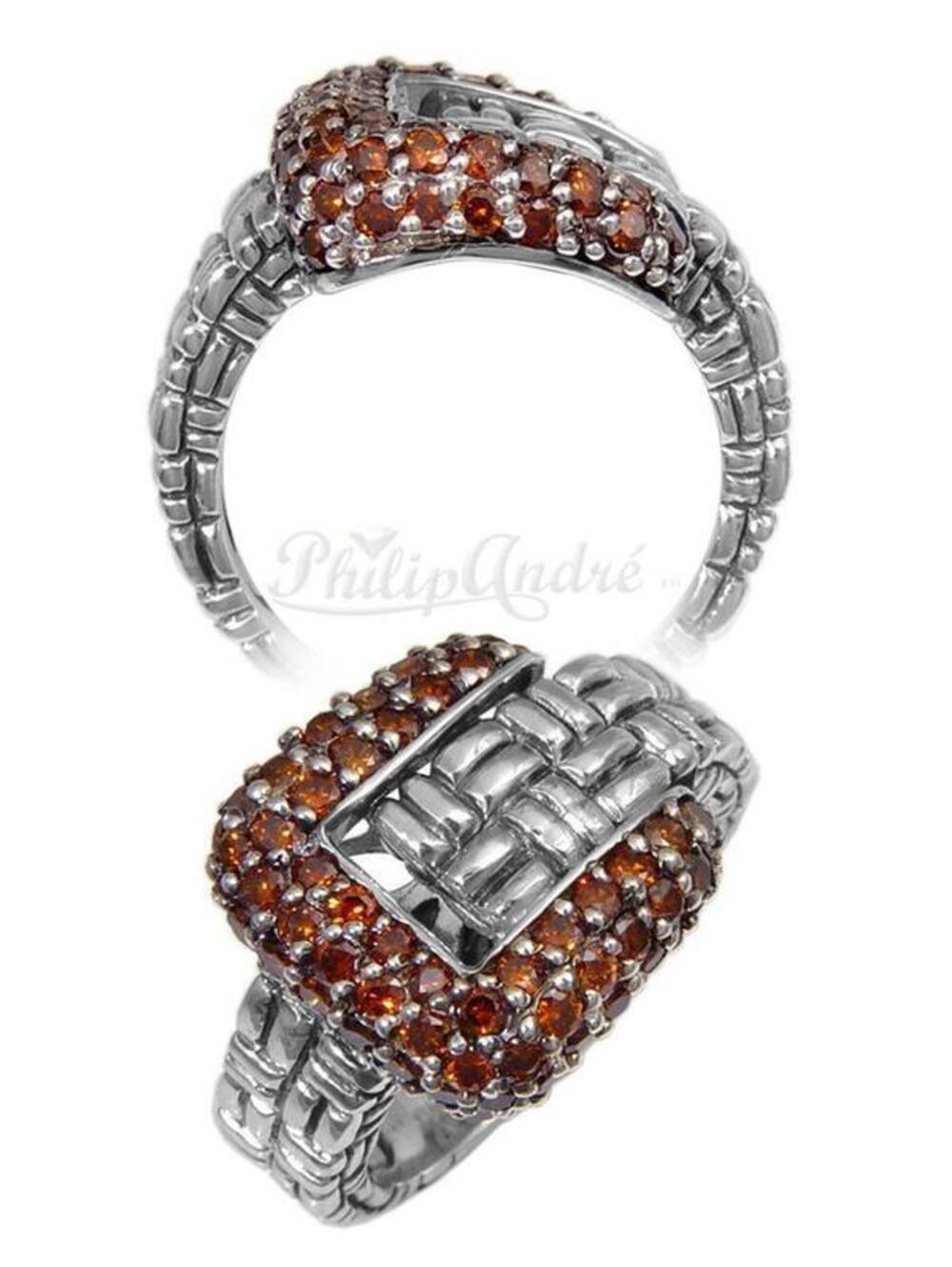 Philip Andre 925 Sterling Silver TW 0.75ct Cognac Diamond Buckle Ring Size 7